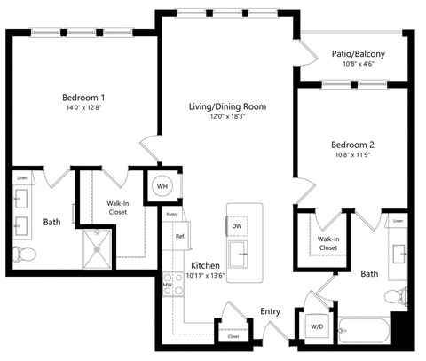 Floor plan for 2 beds, 2 baths, 1147 sqft